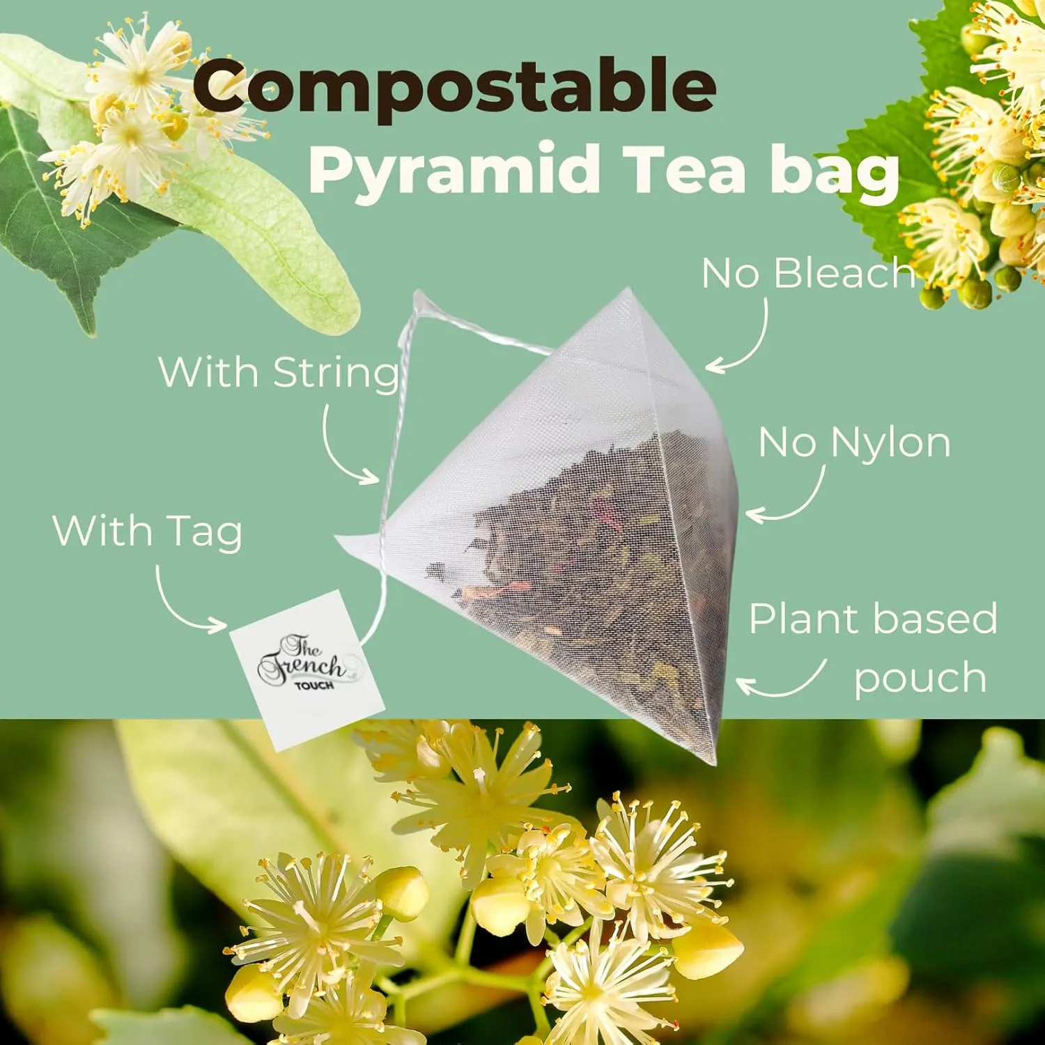 -NEW- The French Touch Linden Flowers Tea ORGANIC | 2.0g x 30 Pyramid Bags | 100% Certified USDA Organic | Plant based tea bags | Select Premium Tea (Linden Flowers) | Caffeine-free