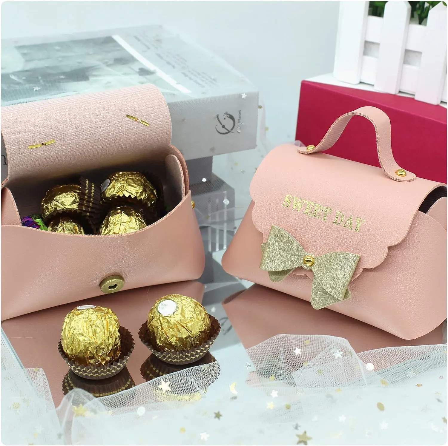 10 Pack PU Leather Bowknot Gift Boxes 5 x3.5 inches Reusable Candy Gift Favor Boxes with Bow Mini Bowknot Handbag Purse Gift Bags with Handles for Wedding Baby Shower Birthday Christmas Party Favor Bag(Gold)