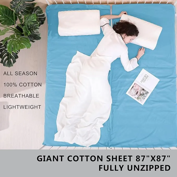 100% Cotton Sleeping Bag Liner with Full Length Zipper on 3 Sides; Single/Double Adult Sleep Sack for Travel & Camping, Multifunctional Travel Sheets (Unzipped 87”x87”) for Hotel, Lightweight