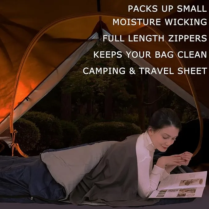100% Cotton Sleeping Bag Liner with Full Length Zipper on 3 Sides; Single/Double Adult Sleep Sack for Travel & Camping, Multifunctional Travel Sheets (Unzipped 87”x87”) for Hotel, Lightweight