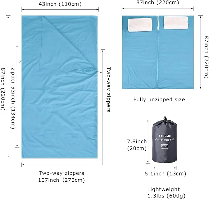 100% Cotton Sleeping Bag Liner with Full Length Zipper on 3 Sides; Single/Double Adult Sleep Sack for Travel & Camping, Multifunctional Travel Sheets (Unzipped 87”x87”) for Hotel, Lightweight
