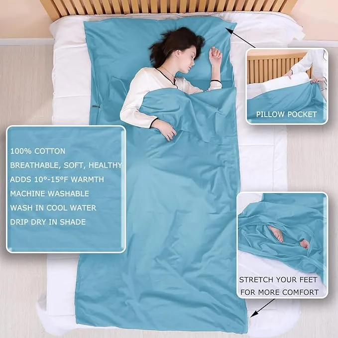 100% Cotton Sleeping Bag Liner with Full Length Zipper on 3 Sides; Single/Double Adult Sleep Sack for Travel & Camping, Multifunctional Travel Sheets (Unzipped 87”x87”) for Hotel, Lightweight