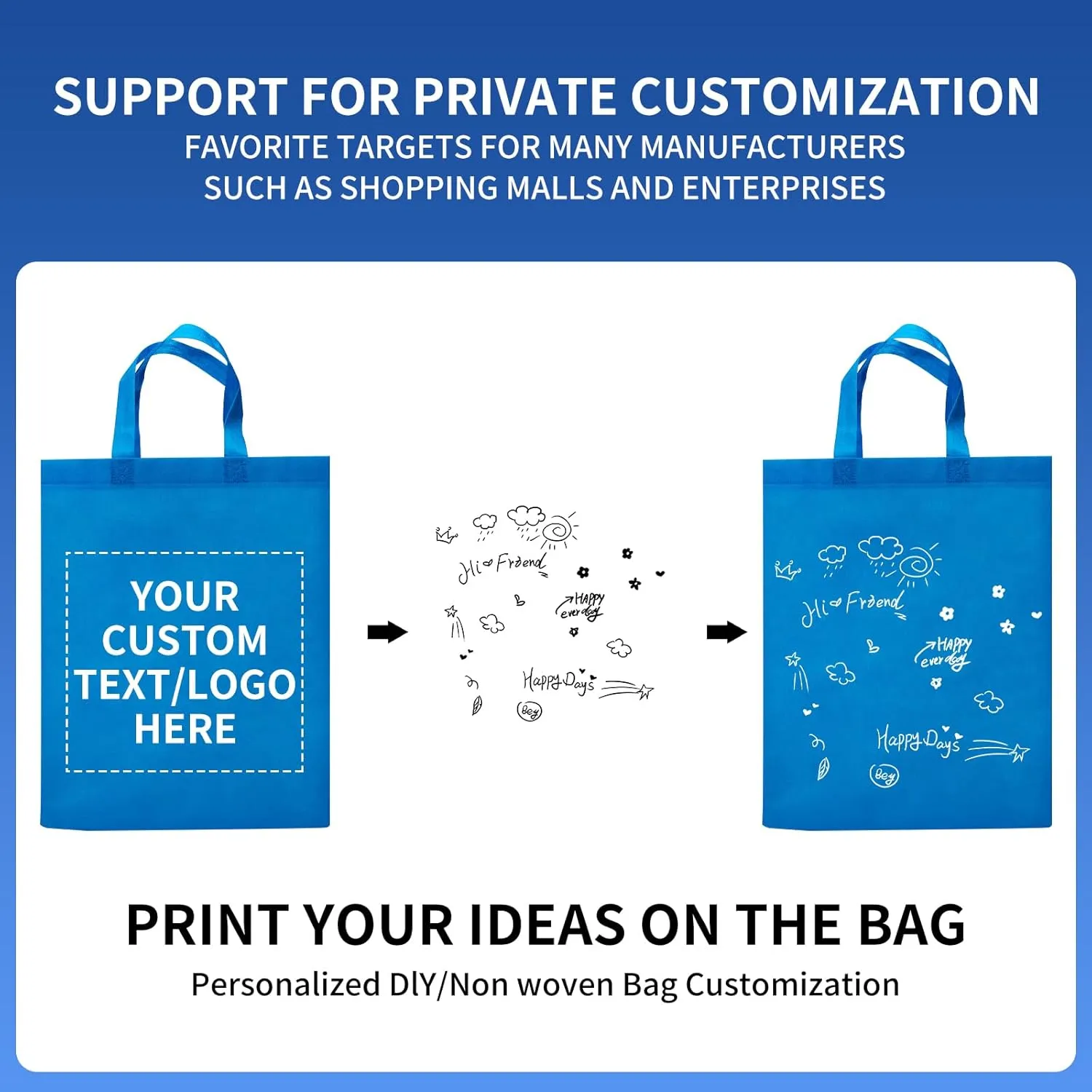 100 Pcs Custom Tote Bags with Handle, Tote Bags Non-woven Reusable bags Ideal for Sales,Business,Store,12x4x15 in