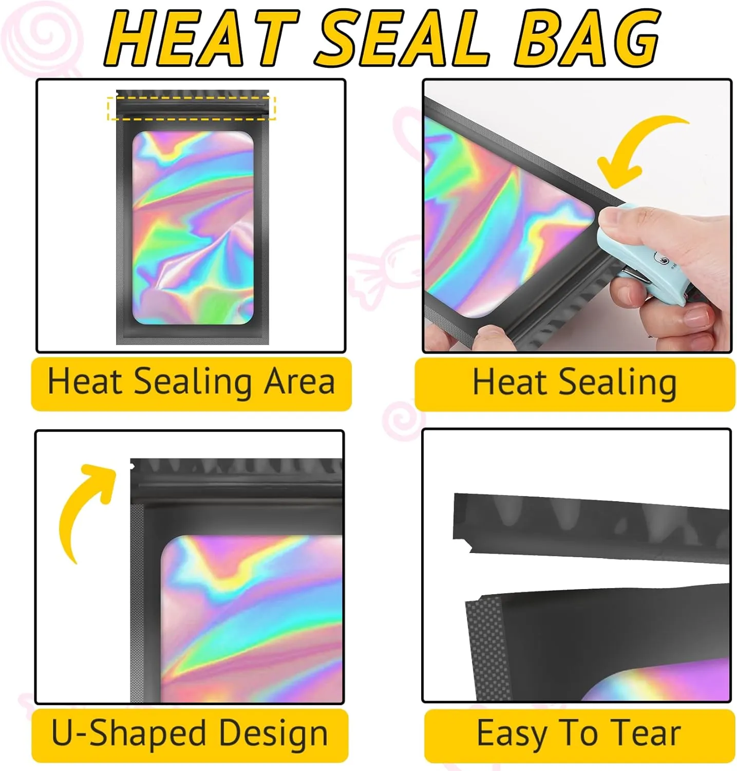 100 PCS Holographic Bags for Lashes, Press On Nails, Candy, Small Baggies Sample Bag Smell Proof Packaging Bag for Jewelry, Resealable Bags for Small Business, Food Storage Bags