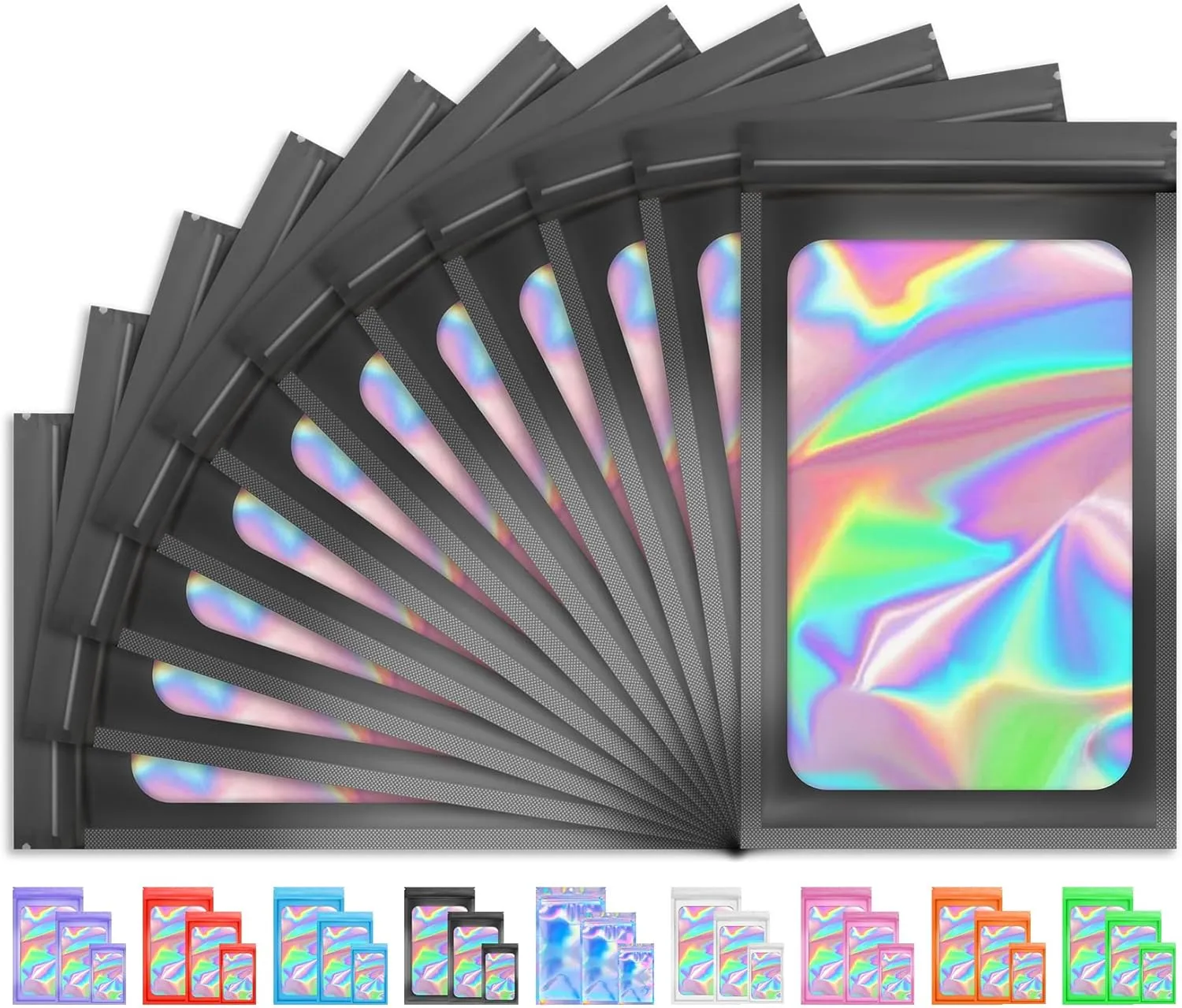 100 PCS Holographic Bags for Lashes, Press On Nails, Candy, Small Baggies Sample Bag Smell Proof Packaging Bag for Jewelry, Resealable Bags for Small Business, Food Storage Bags