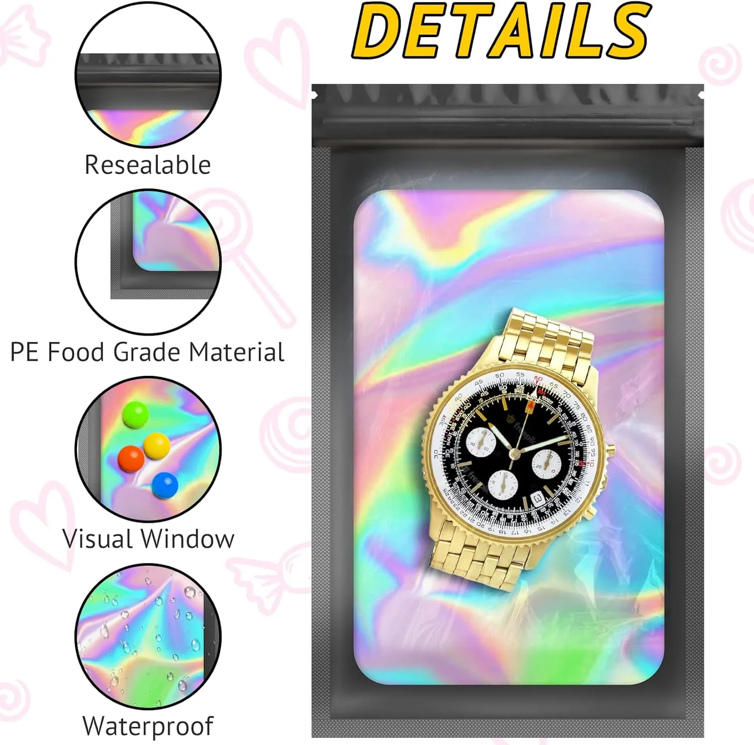 100 PCS Holographic Bags for Lashes, Press On Nails, Candy, Small Baggies Sample Bag Smell Proof Packaging Bag for Jewelry, Resealable Bags for Small Business, Food Storage Bags