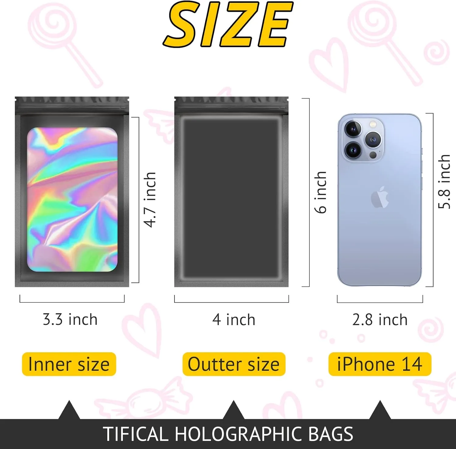 100 PCS Holographic Bags for Lashes, Press On Nails, Candy, Small Baggies Sample Bag Smell Proof Packaging Bag for Jewelry, Resealable Bags for Small Business, Food Storage Bags