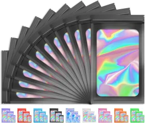 100 PCS Holographic Bags for Lashes, Press On Nails, Candy, Small Baggies Sample Bag Smell Proof Packaging Bag for Jewelry, Resealable Bags for Small Business, Food Storage Bags