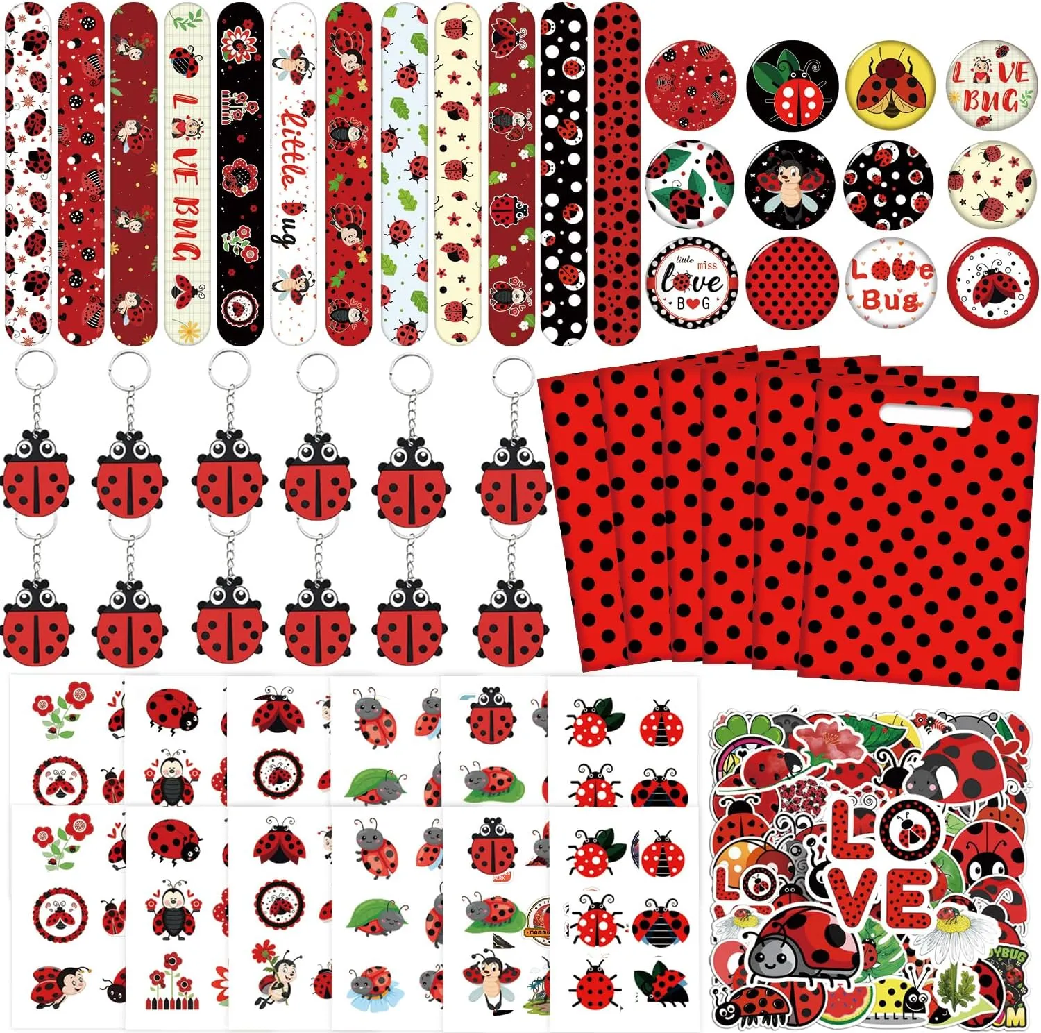 110PCS Ladybug Party Favors Bug Insect Temporary Tattoos, Ladybug Stickers, Ladybug Keychains, Lady Beetle Bug Badge, Ladybug Party Bags for Ladybug Lover Girls Baby Shower