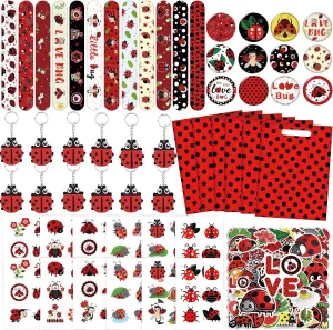 110PCS Ladybug Party Favors Bug Insect Temporary Tattoos, Ladybug Stickers, Ladybug Keychains, Lady Beetle Bug Badge, Ladybug Party Bags for Ladybug Lover Girls Baby Shower