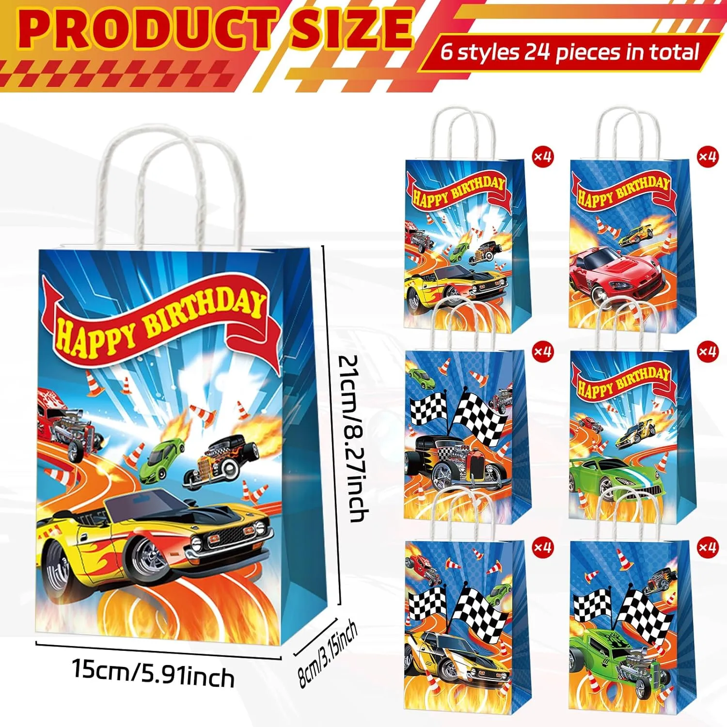 12PCS Hot Car Happy Birthday Party Favor Bags Race Car Party Supplies Wheels Car Party Gift Goodie Bags Hot Car Happy Birthday Game Party Treat Bags for Baby Shower Hot Car Wild Racer Party Favors