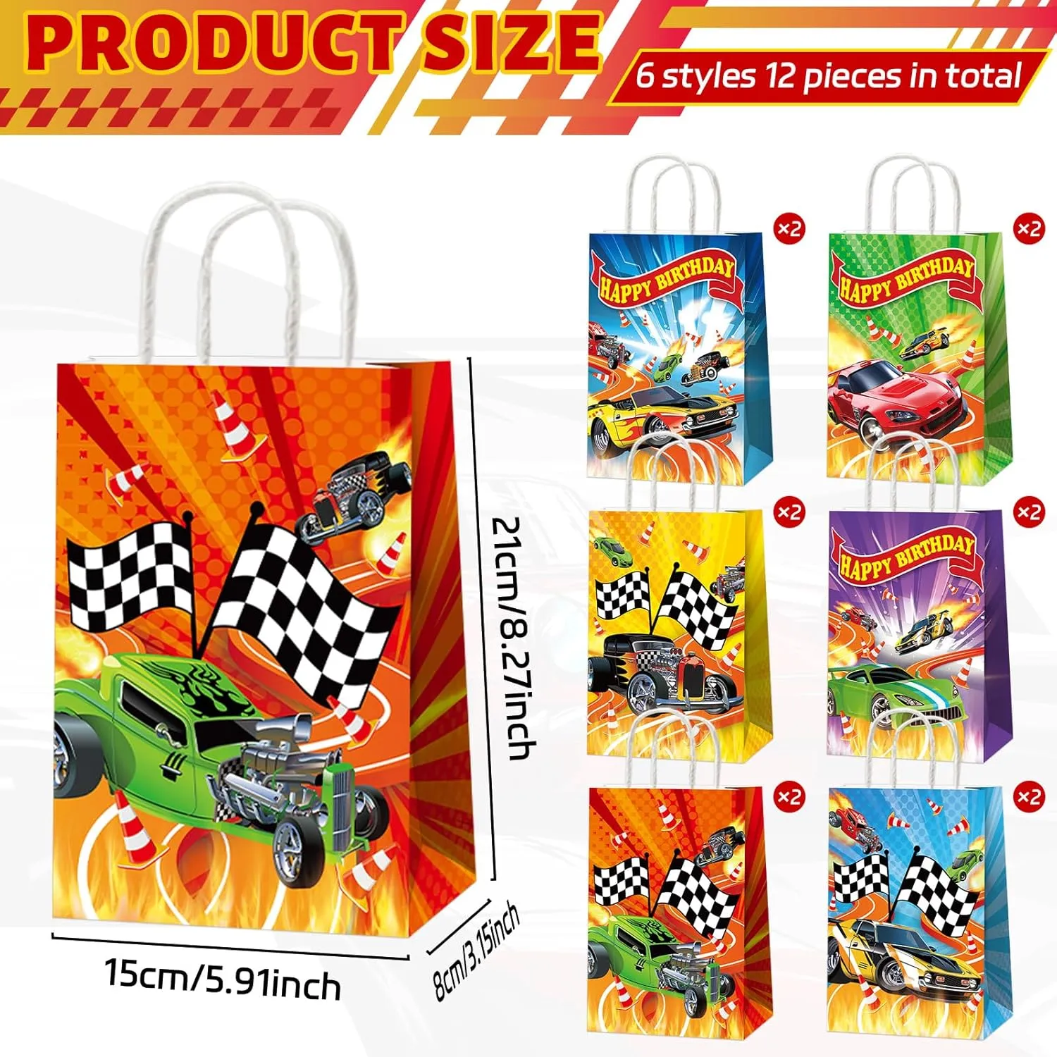 12PCS Hot Car Happy Birthday Party Favor Bags Wheels Car Party Supplies Race Car Party Treat Bags Hot Car Happy Birthday Game Party Gift Goodie Bags for Baby Shower Hot Car Wild Racer Party Favors