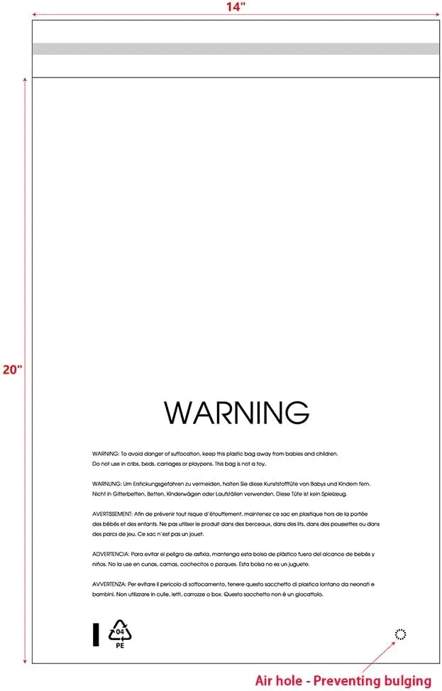 14” X 20” (100 Count) Clear Poly Bags with Suffocation Warning for Packaging, T Shirts & Mailing - Permanent Adhesive (100 Count 14''x20'')