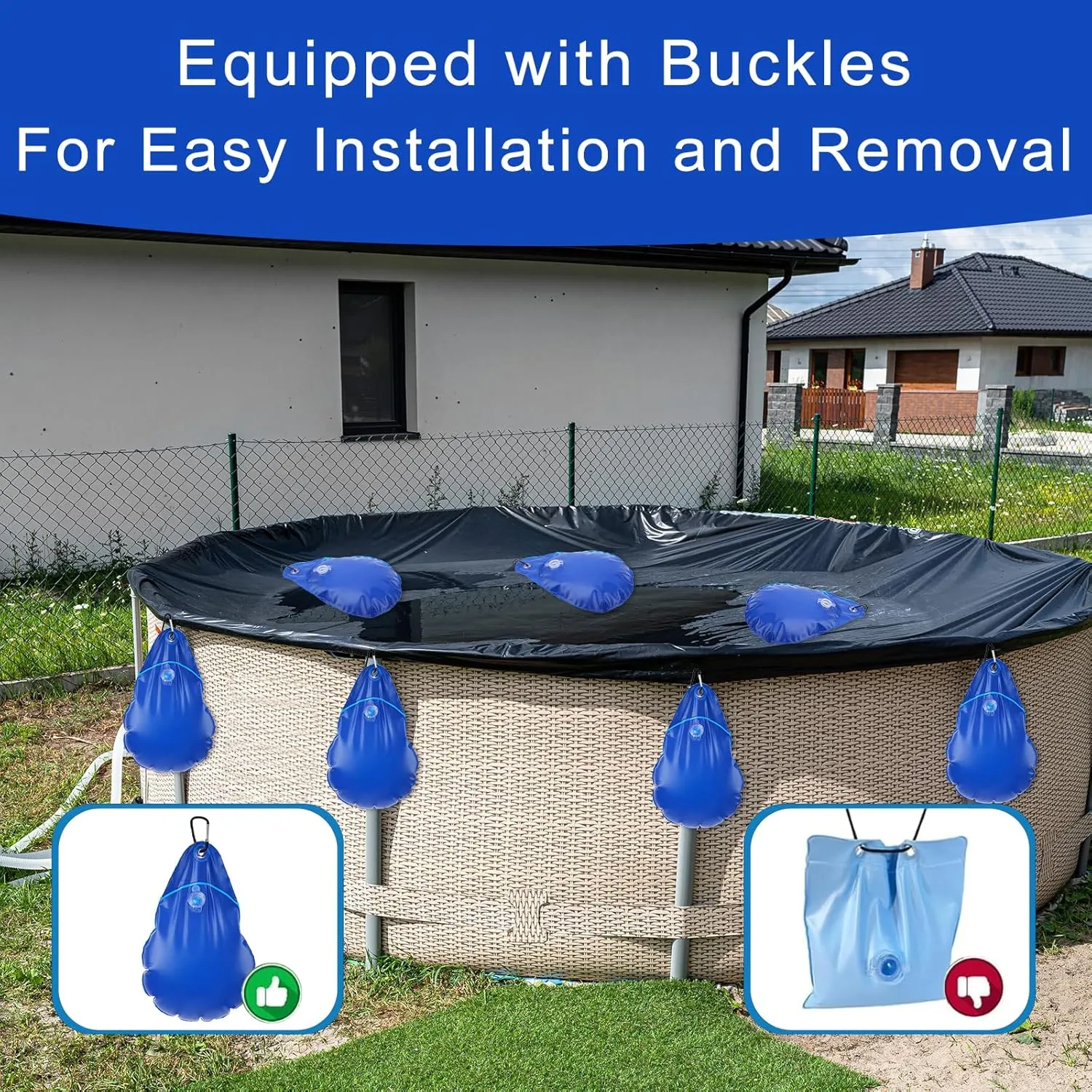 16 Pack Pool Cover Weights with Hooks, PVC Tarp Hanging Bags for Above Ground Pool Cover, for Above Ground Swimming Pool Cover Hanging Bag Leakproof Winter Pool Cover Water Weights, Blue