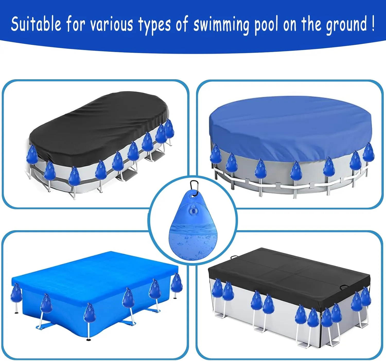 16 Pack Pool Cover Weights with Hooks, PVC Tarp Hanging Bags for Above Ground Pool Cover, for Above Ground Swimming Pool Cover Hanging Bag Leakproof Winter Pool Cover Water Weights, Blue