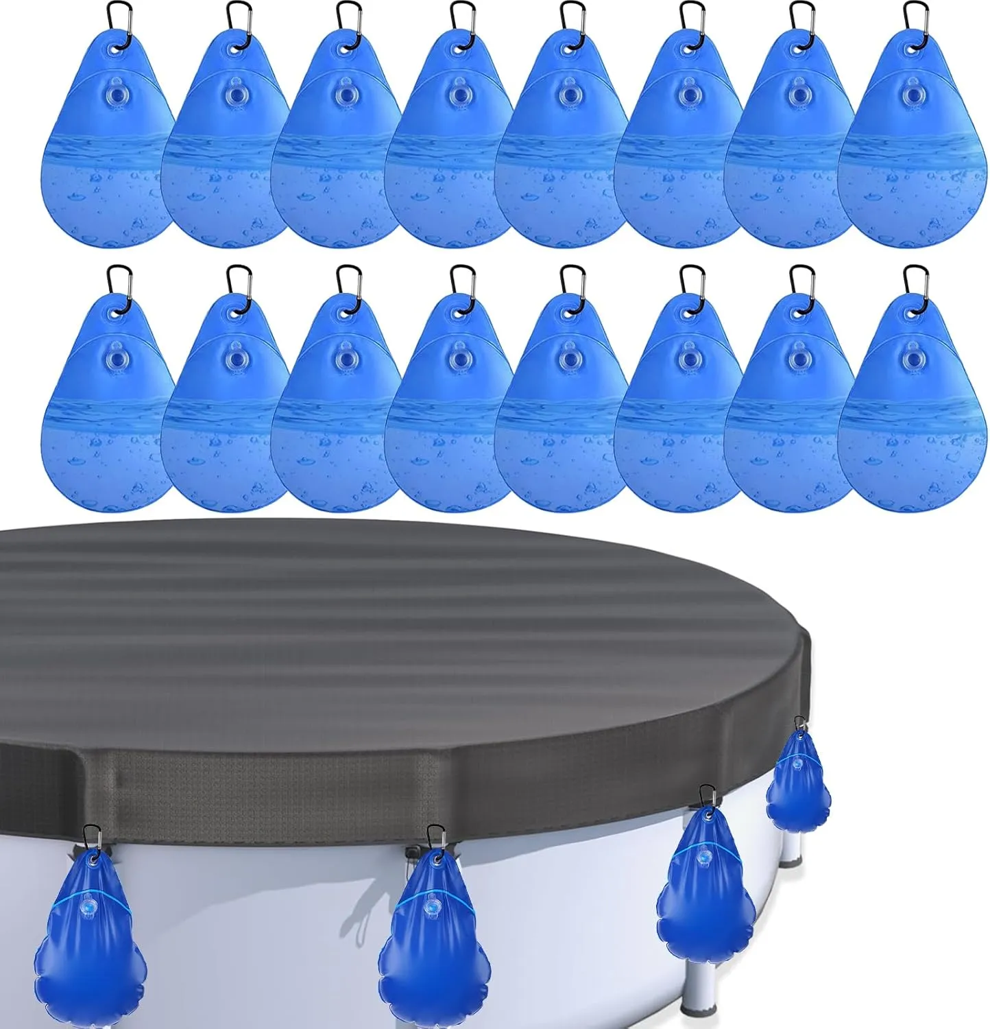 16 Pack Pool Cover Weights with Hooks, PVC Tarp Hanging Bags for Above Ground Pool Cover, for Above Ground Swimming Pool Cover Hanging Bag Leakproof Winter Pool Cover Water Weights, Blue