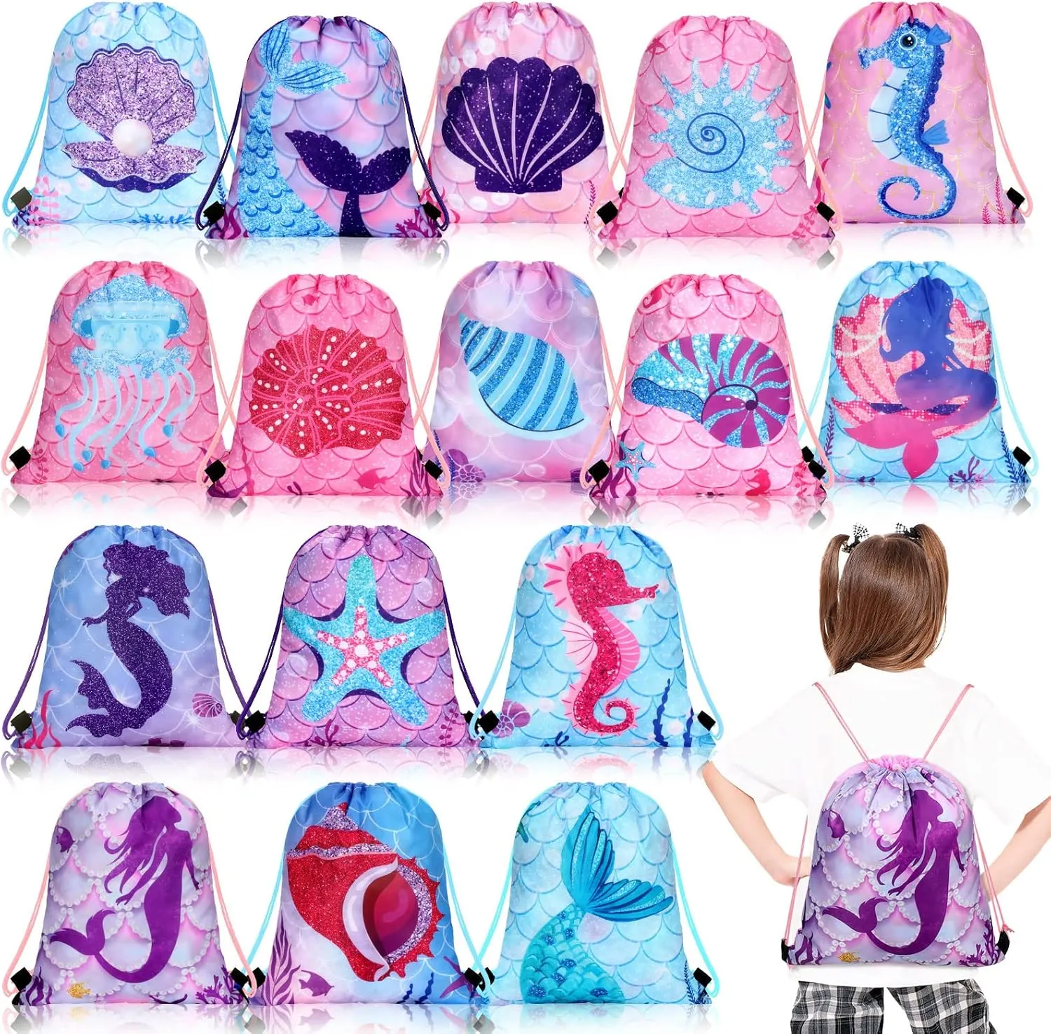 16 Pcs Mermaid Party Favors Bags Mermaid Party Drawstring Gift Bags Under the Sea Ocean Goodie Candy Gift Bags for School Travel Toys Outdoor Sack Bags