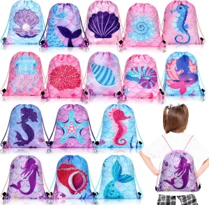 16 Pcs Mermaid Party Favors Bags Mermaid Party Drawstring Gift Bags Under the Sea Ocean Goodie Candy Gift Bags for School Travel Toys Outdoor Sack Bags