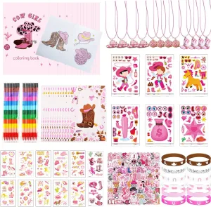 184pcs Pink Cowgirl Party Favor Birthday Supplies with Coloring Books Pens,Necklace and Silicone Bracelets,Tattoo Stickers and Waterproof Stickers, DIY Craft Stickers,Favor Bags Inclued (Cowgirl)