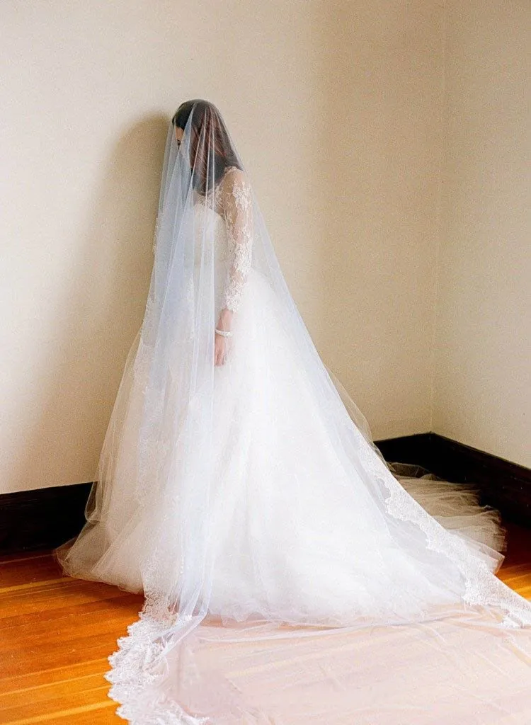 1T Tulle With Lace Cathedral Length Wedding Bridal Veil