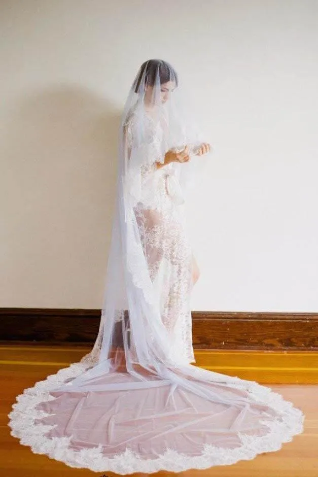 1T Tulle With Lace Cathedral Length Wedding Bridal Veil