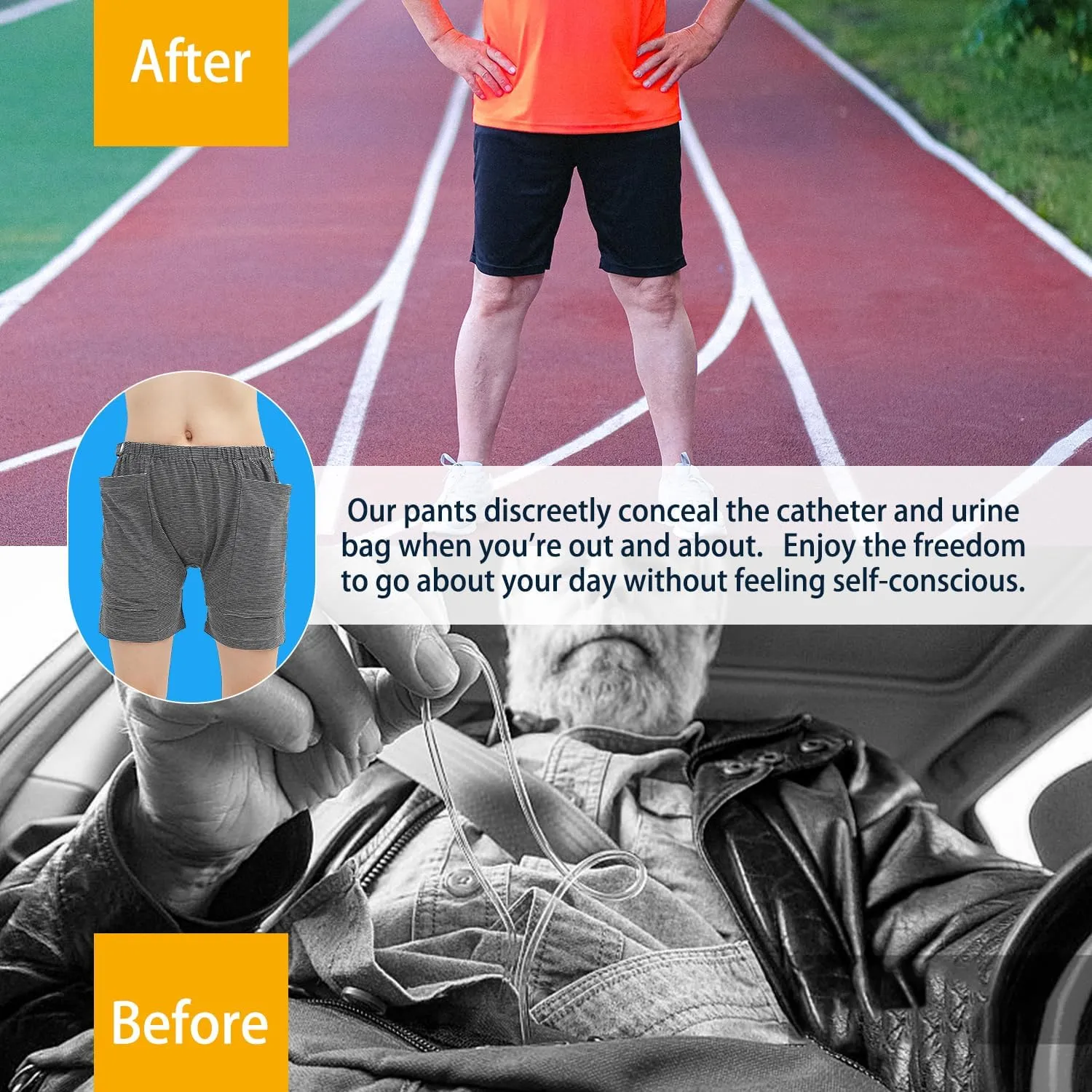 2 PCS Nephrostomy Bags Shorts for Men, Hold Up to 2 * 2000ML, Incontinence Care Trousers for Foley, Ostomy Patients (Men, X-Large-Waist:30.3''~37'')