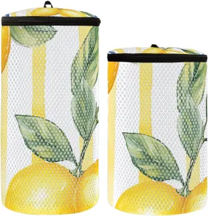 2 Pcs(S   M Size) Mesh Cylinder Laundry Bags Minimalist Lemon Line Polyester Reusable Machine Washable Mesh Bags, Dirty Bag for Home Travel