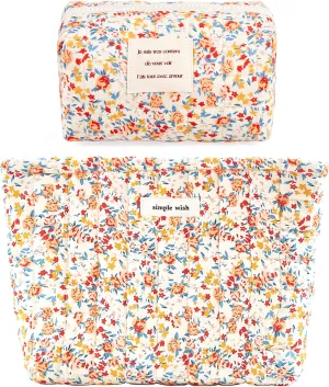 2 Pieces Floral Makeup Bag, Cute Travel Quilted Pouch Cosmetic Bag Organizer, Small Cotton Coquette Aesthetic Purse Toiletry Bag for Women Girls accessories (Red Flower-2PCS)