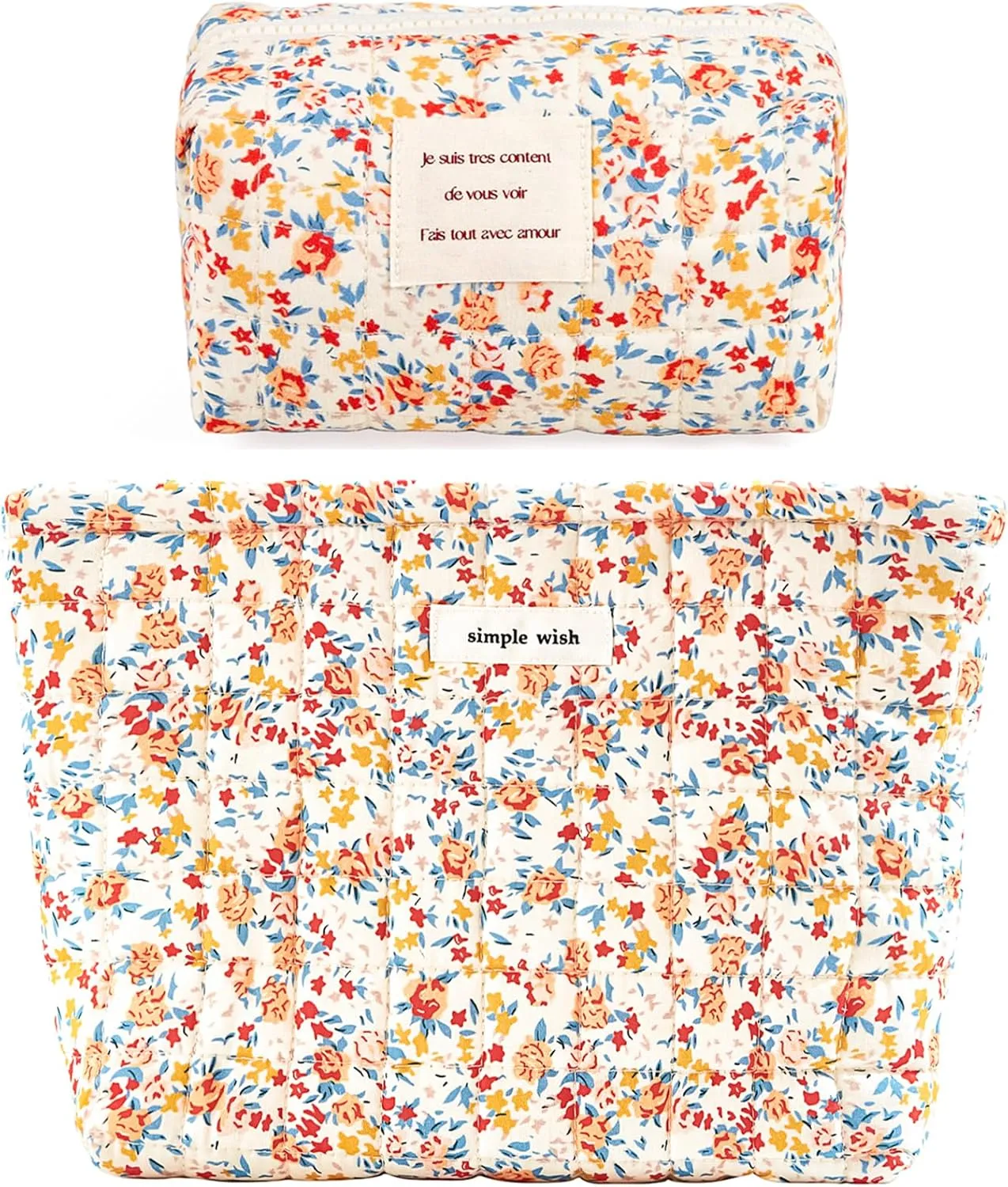 2 Pieces Floral Makeup Bag, Cute Travel Quilted Pouch Cosmetic Bag Organizer, Small Cotton Coquette Aesthetic Purse Toiletry Bag for Women Girls accessories (Red Flower-2PCS)