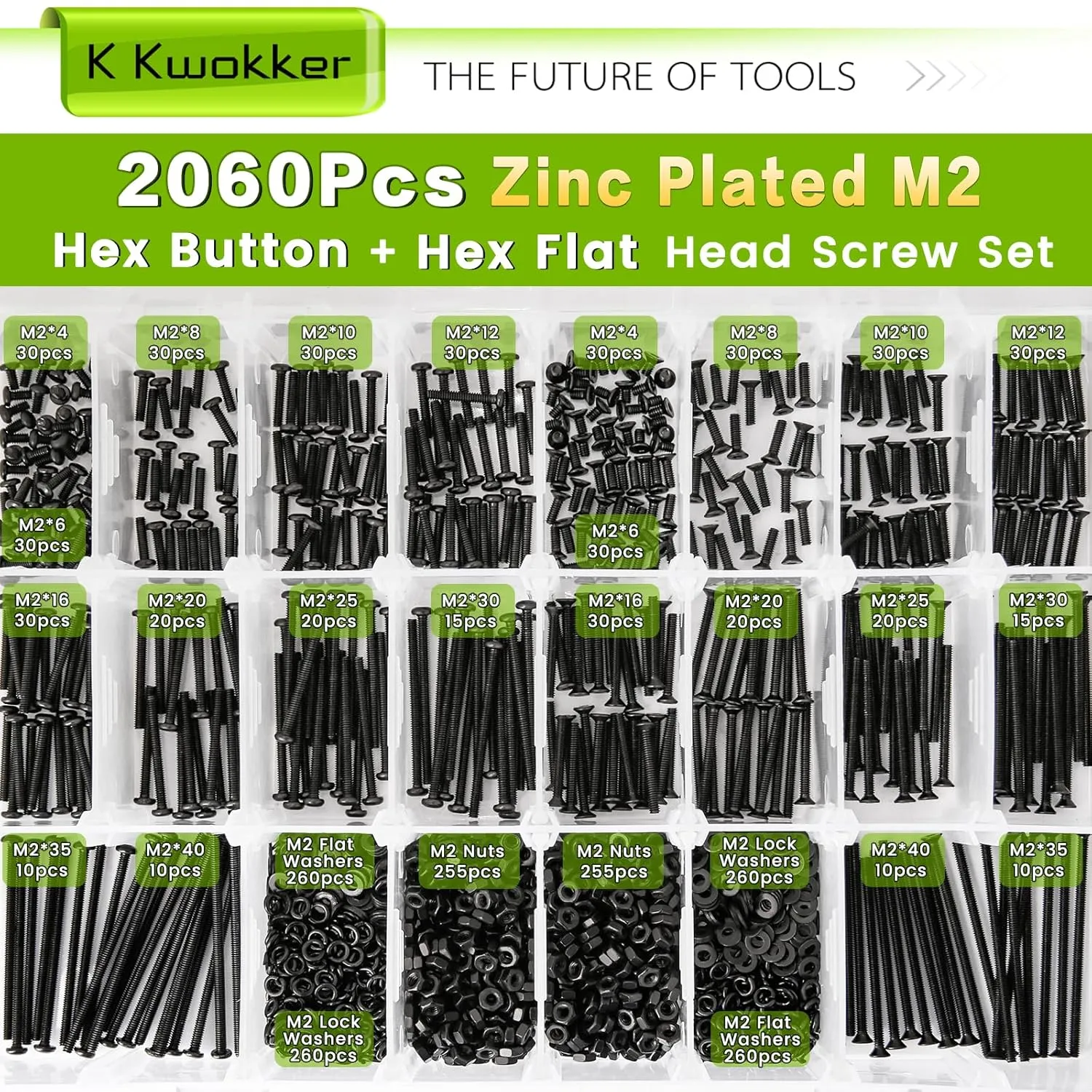 2060 x M2 Screw Kit 4MM to 40MM, M2 Button Head Screws & M2 Flat Head Screws, Upgraded Zinc Plated M2 Screws Assortment Kit w/Nuts and Bolts, Washer and Lock Washers, Black Machine Screws