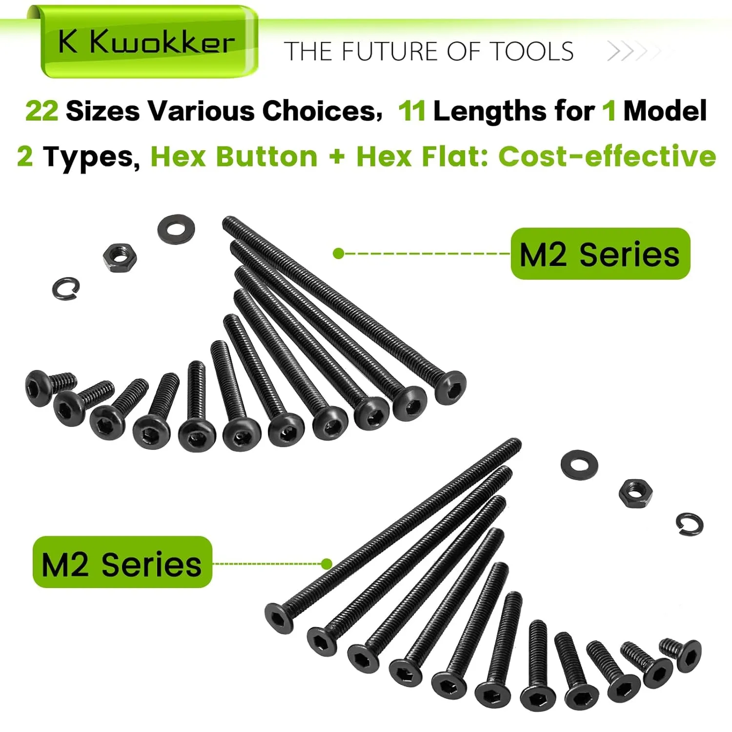 2060 x M2 Screw Kit 4MM to 40MM, M2 Button Head Screws & M2 Flat Head Screws, Upgraded Zinc Plated M2 Screws Assortment Kit w/Nuts and Bolts, Washer and Lock Washers, Black Machine Screws