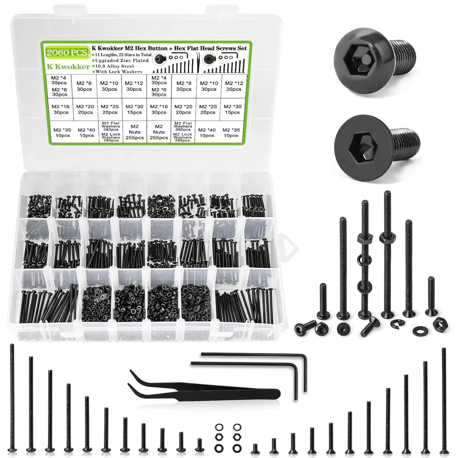 2060 x M2 Screw Kit 4MM to 40MM, M2 Button Head Screws & M2 Flat Head Screws, Upgraded Zinc Plated M2 Screws Assortment Kit w/Nuts and Bolts, Washer and Lock Washers, Black Machine Screws