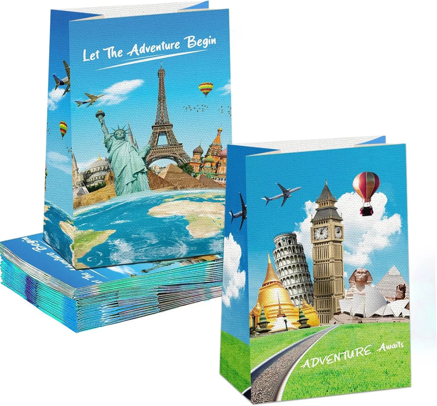 24 Pack Travel The World Paper Treat Bags, Let The Adventure Begins Candy Favor Bags Goodie Bags Popcorn Bags,Classical Place of Interest Gift Wrapping Bags for Travel Themed Birthday Party Decoration Supplies
