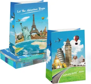 24 Pack Travel The World Paper Treat Bags, Let The Adventure Begins Candy Favor Bags Goodie Bags Popcorn Bags,Classical Place of Interest Gift Wrapping Bags for Travel Themed Birthday Party Decoration Supplies