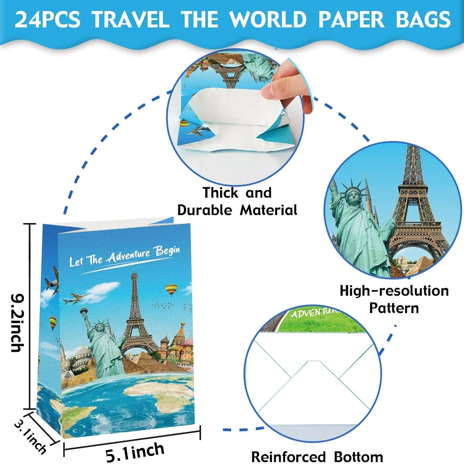 24 Pack Travel The World Paper Treat Bags, Let The Adventure Begins Candy Favor Bags Goodie Bags Popcorn Bags,Classical Place of Interest Gift Wrapping Bags for Travel Themed Birthday Party Decoration Supplies