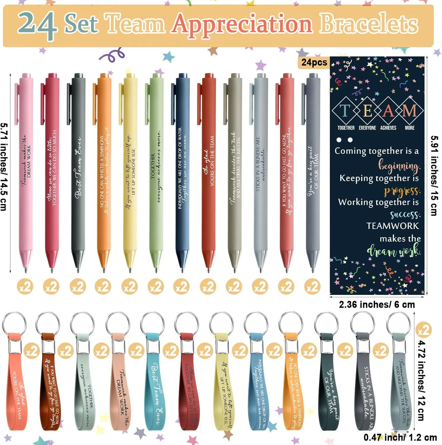 24 Set Team Employee Appreciation Gifts Bulk Silicone Keychains with Pens Bookmarks for Staff Coworker Team Members(Bright Colors)