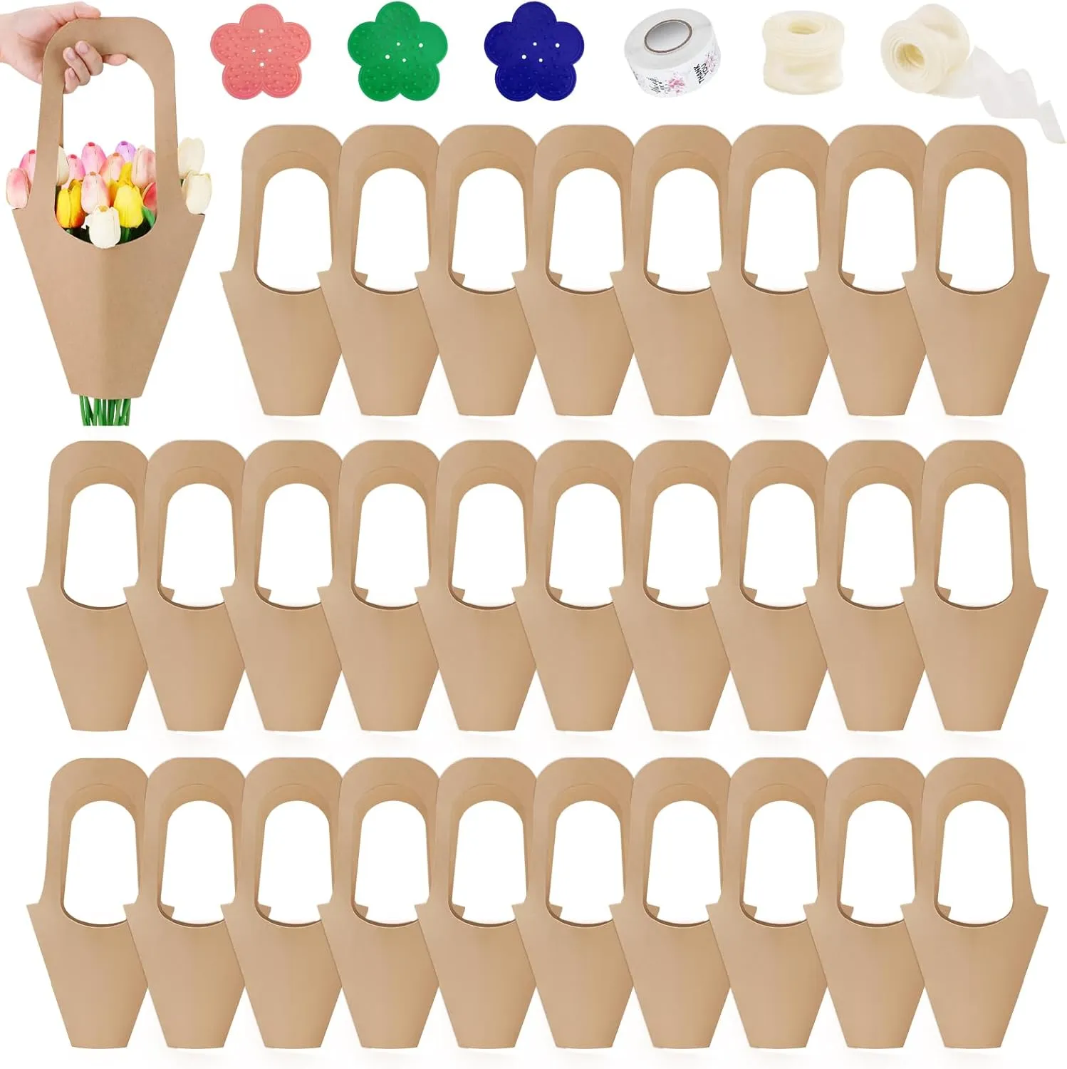 25 Pcs Kraft Paper Flowers Gift Bags with Handle, Bouquet Bags Hanging with Ribbon Sticker Rose Thorn Remover, Cone Floral Wrapping Paper Bag for Wedding Graduation Party Florist (Kraft Paper)