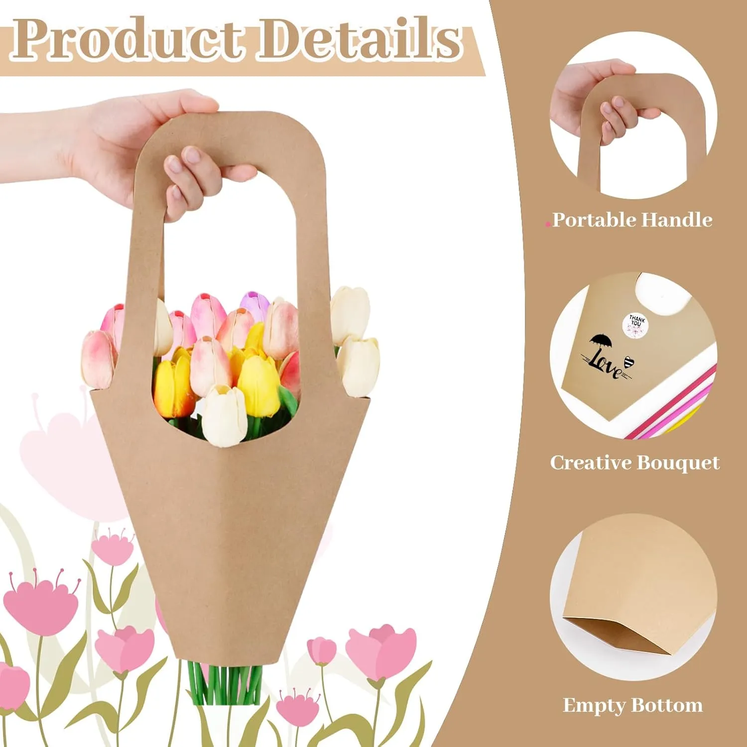 25 Pcs Kraft Paper Flowers Gift Bags with Handle, Bouquet Bags Hanging with Ribbon Sticker Rose Thorn Remover, Cone Floral Wrapping Paper Bag for Wedding Graduation Party Florist (Kraft Paper)