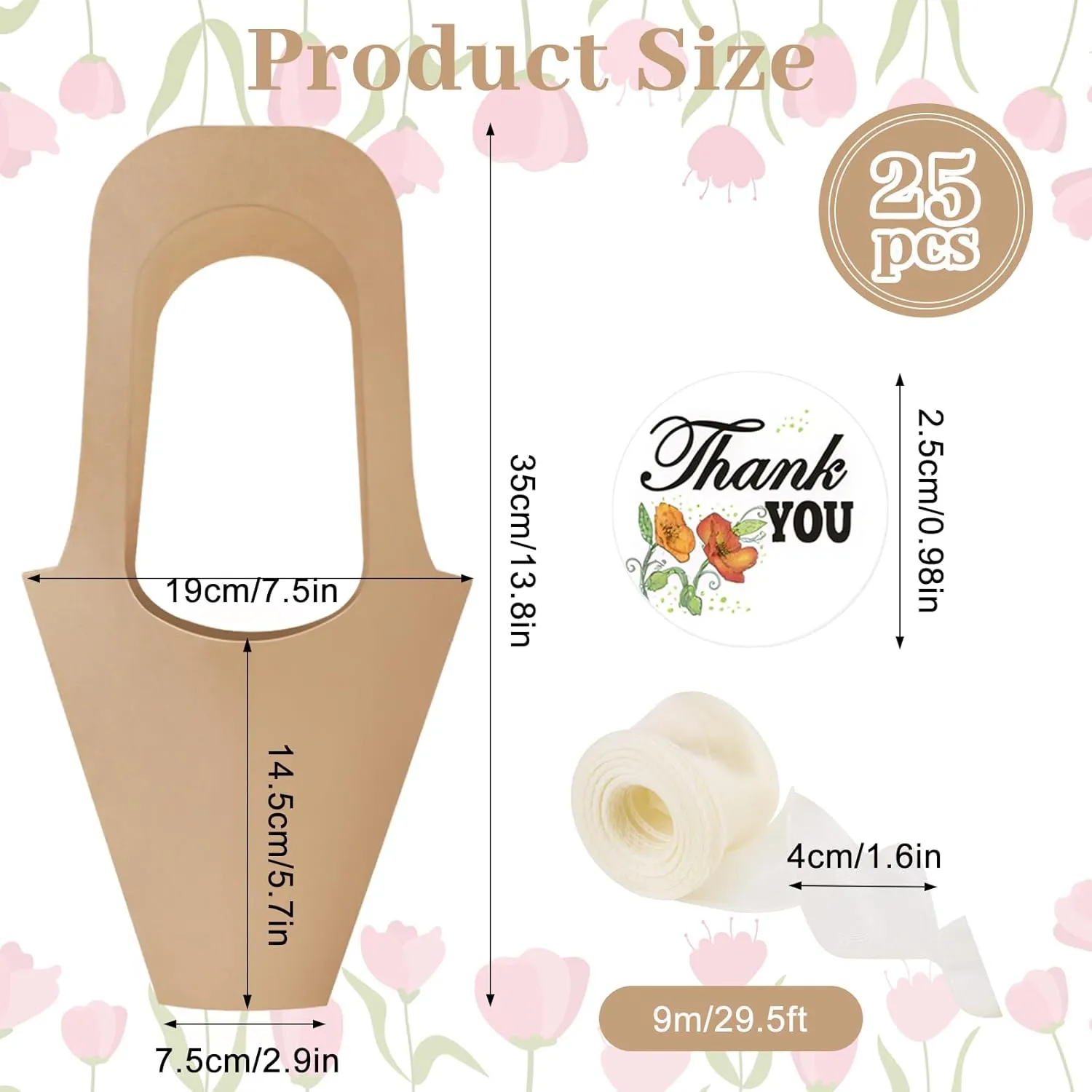 25 Pcs Kraft Paper Flowers Gift Bags with Handle, Bouquet Bags Hanging with Ribbon Sticker Rose Thorn Remover, Cone Floral Wrapping Paper Bag for Wedding Graduation Party Florist (Kraft Paper)