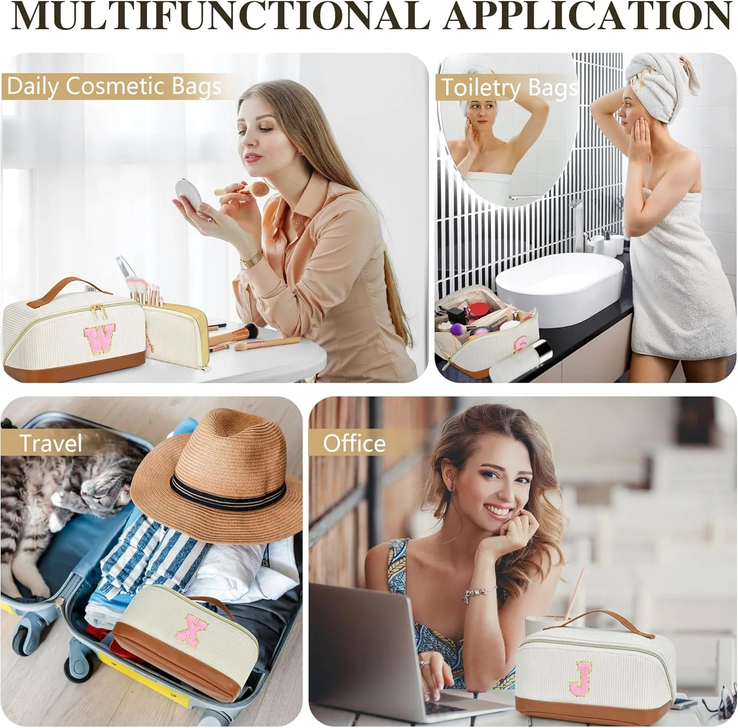 2Pack Large Personalized Initial Preppy Makeup Bag,Leather Waterproof Cosmetic Bag, Monogram Travel Make up bag Perfect for Teen Girls Mother's Day Birthday Gifts