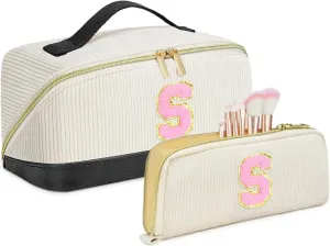 2Pack Large Personalized Initial Preppy Makeup Bag,Leather Waterproof Cosmetic Bag, Monogram Travel Make up bag Perfect for Teen Girls Mother's Day Birthday Gifts
