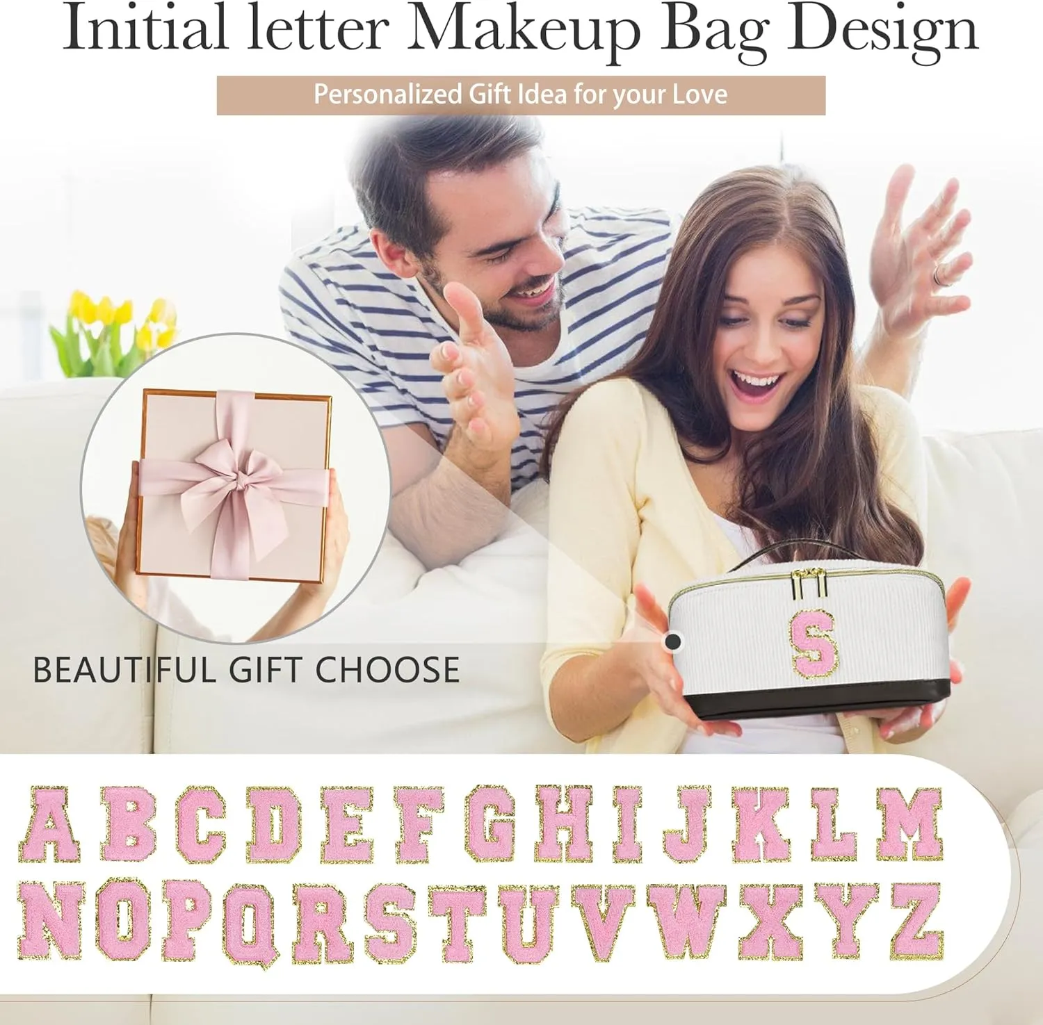2Pack Large Personalized Initial Preppy Makeup Bag,Leather Waterproof Cosmetic Bag, Monogram Travel Make up bag Perfect for Teen Girls Mother's Day Birthday Gifts