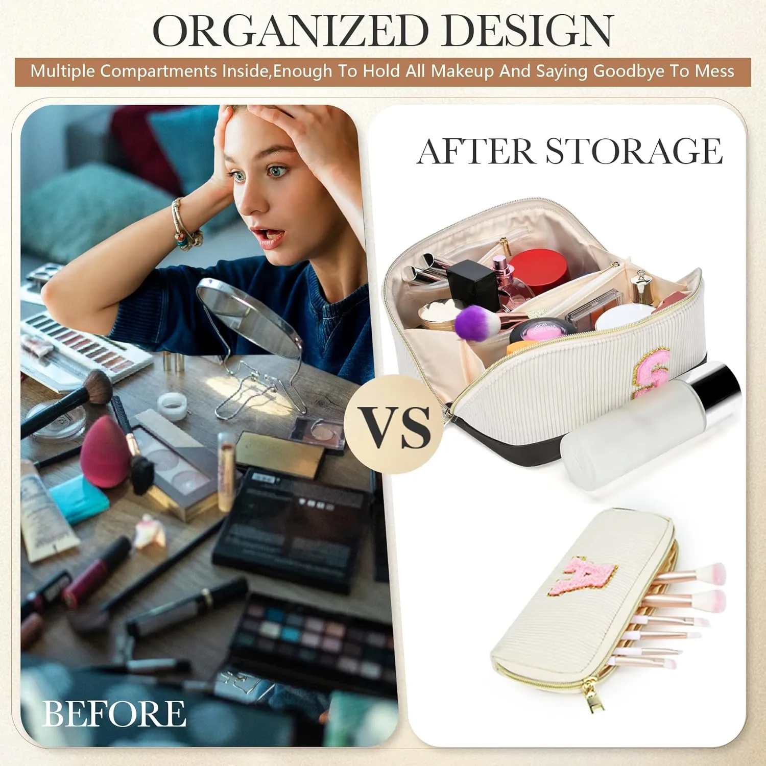 2Pack Large Personalized Initial Preppy Makeup Bag,Leather Waterproof Cosmetic Bag, Monogram Travel Make up bag Perfect for Teen Girls Mother's Day Birthday Gifts
