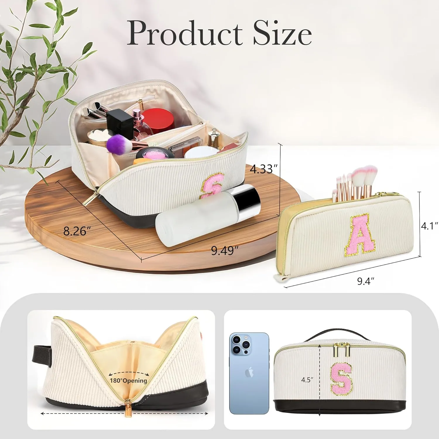 2Pack Large Personalized Initial Preppy Makeup Bag,Leather Waterproof Cosmetic Bag, Monogram Travel Make up bag Perfect for Teen Girls Mother's Day Birthday Gifts