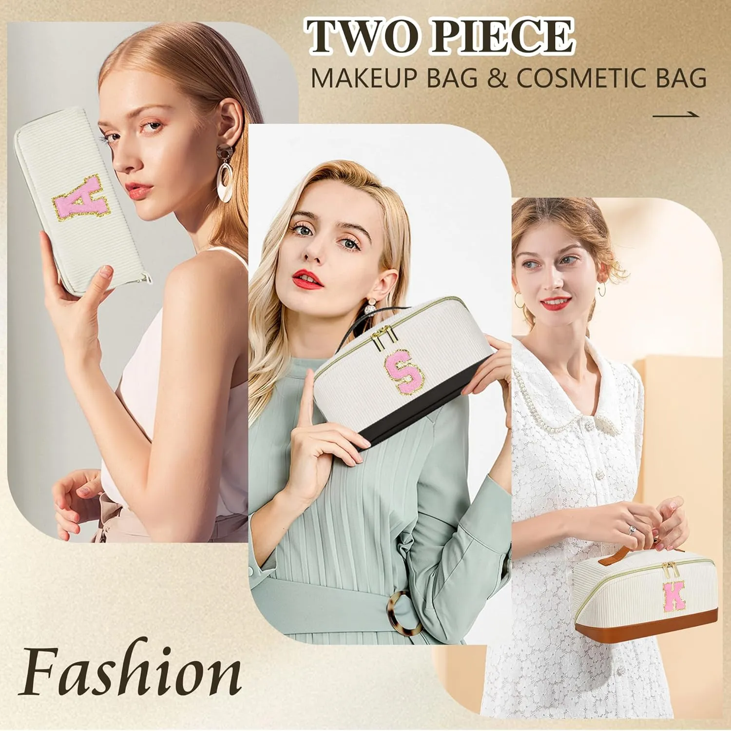 2Pack Large Personalized Initial Preppy Makeup Bag,Leather Waterproof Cosmetic Bag, Monogram Travel Make up bag Perfect for Teen Girls Mother's Day Birthday Gifts