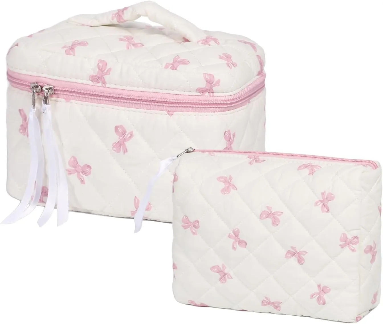 2Pcs Cotton Quilted Makeup Bag Cute Floral Cosmetic Bag with Zipper Portable Travel Toiletry Bag for Women Large Coquette Aesthetic Bag Makeup Organizer Fashion Gift for Travelers