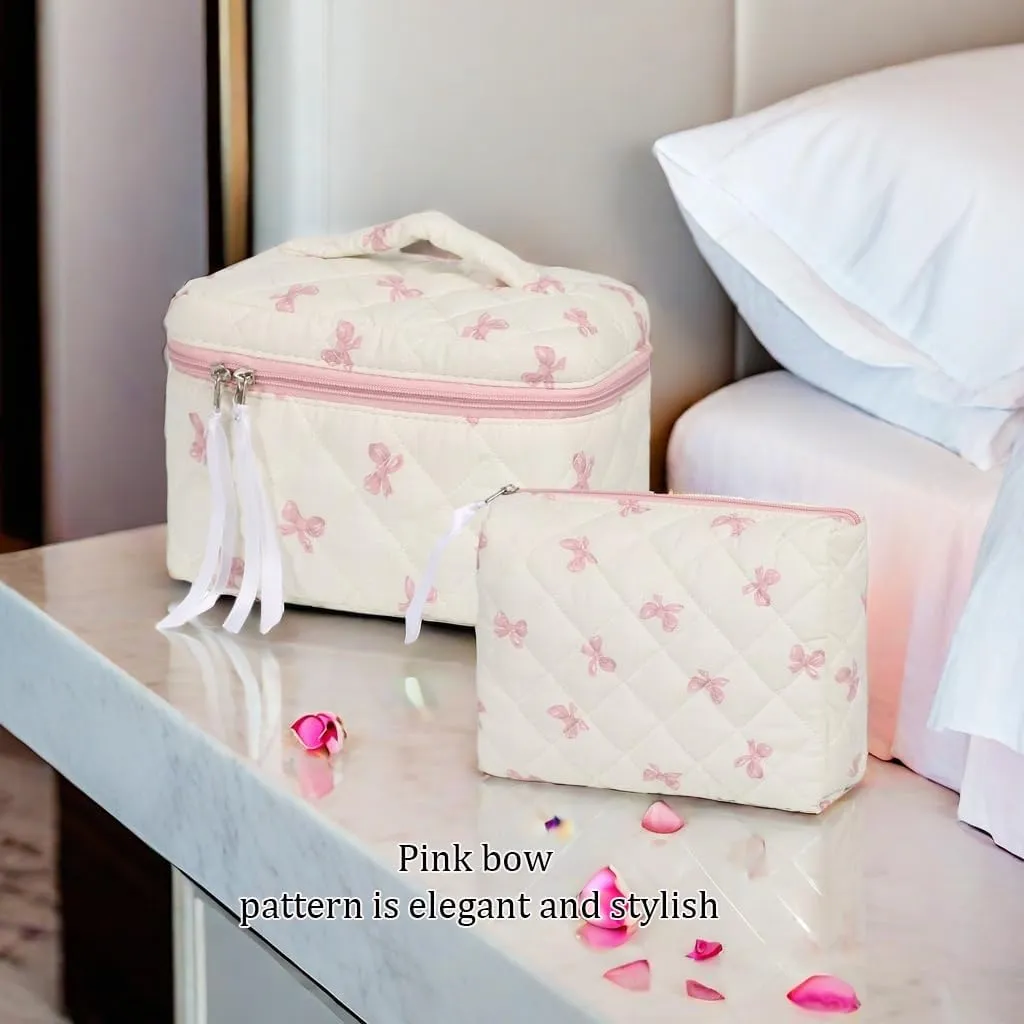 2Pcs Cotton Quilted Makeup Bag Cute Floral Cosmetic Bag with Zipper Portable Travel Toiletry Bag for Women Large Coquette Aesthetic Bag Makeup Organizer Fashion Gift for Travelers