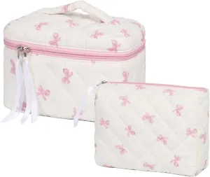 2Pcs Cotton Quilted Makeup Bag Cute Floral Cosmetic Bag with Zipper Portable Travel Toiletry Bag for Women Large Coquette Aesthetic Bag Makeup Organizer Fashion Gift for Travelers