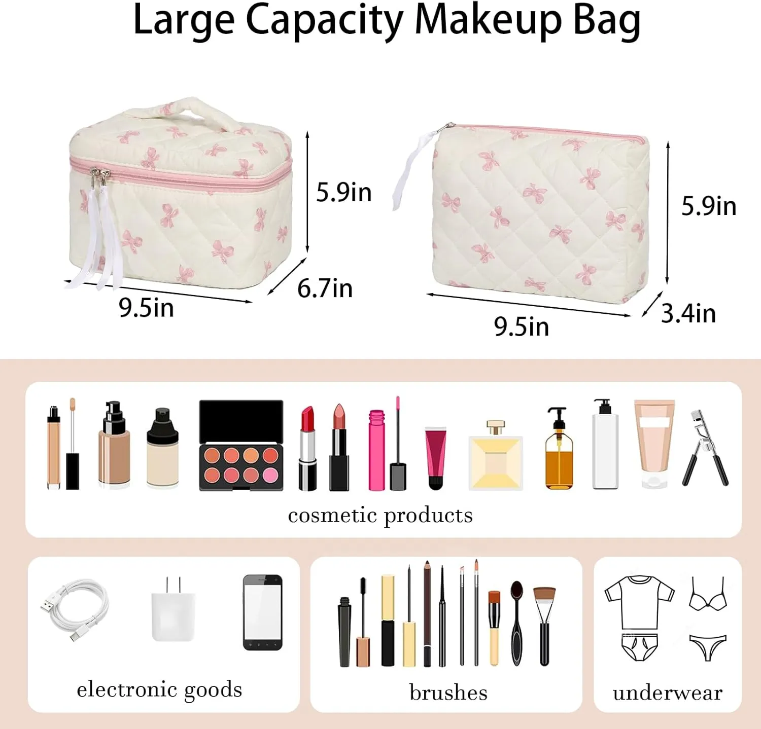 2Pcs Cotton Quilted Makeup Bag Cute Floral Cosmetic Bag with Zipper Portable Travel Toiletry Bag for Women Large Coquette Aesthetic Bag Makeup Organizer Fashion Gift for Travelers