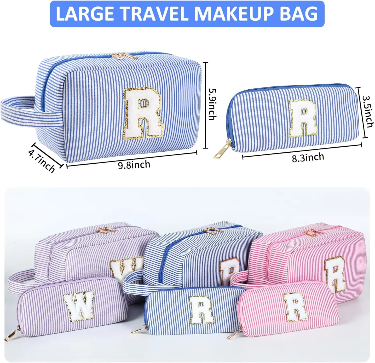 2pcs Personalized Initial Makeup Bag A-Z, Travel Toiletry Bag Preppy Make Up Bags Girls Cute Cosmetic Pouch Makeup Organizer Wedding Birthday Mothers Day Gifts for Women (Blue, A)